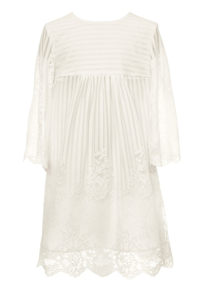 Dziewczęca sukienka z koronki w kolorze ecru do I Komunii Świętej z rozkloszowanym rękawem