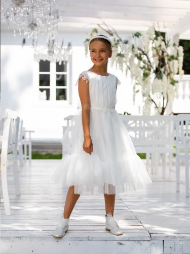 Ecru sukienka do Komunii z rozkloszowaną falbaną