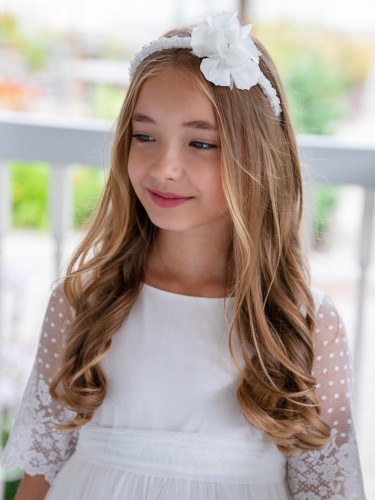 Ecru opaska do Komunii przyozdobiona kwiatem z perełką