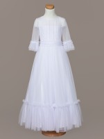 Biała, długa komunijna sukienka z dekoracyjnym karczkiem.jpg