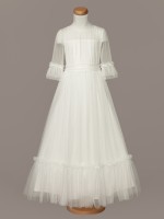 Ecru, długa komunijna sukienka z dekoracyjnym karczkiem.jpg