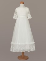 Ecru sukienka do Komunii z szeroką, koronkową falbaną.jpg