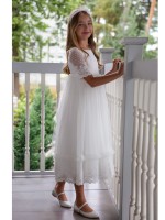 Ecru sukienka do Komunii z szeroką, koronkową falbaną.jpg