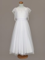 Ecru, długa sukienka do Komunii z biżuteryjną taśmą na karczku.jpg