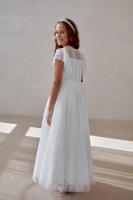 Ecru, długa sukienka do Komunii z biżuteryjną taśmą na karczku.jpg