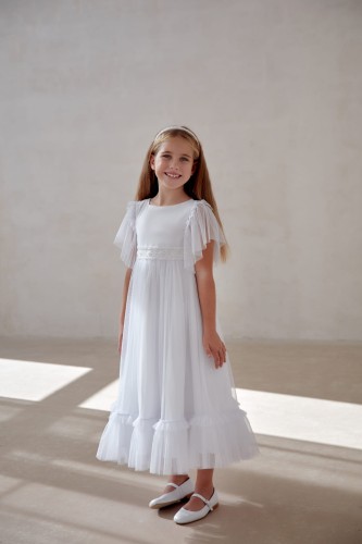 Biała sukienka do Komunii z biżuteryjną taśmą na karczku