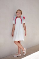 Ecru sukienka z wielokolorowymi falbankami na ramionach .jpg