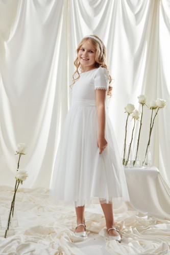 Ecru sukienka do Komunii z koronkowymi plecami 