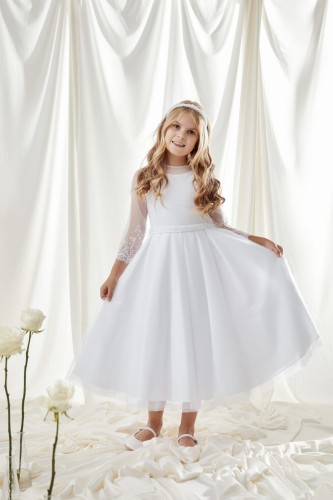 Biała sukienka do Komunii z haftowanymi rękawami