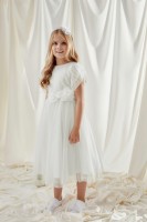 Ecru sukienka do Komunii z ozdobnymi kwiatami w talii.jpg