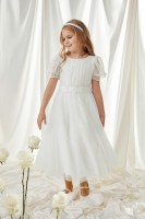 Ecru sukienka do Komunii z bufiastymi rękawkami.jpg