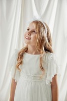 Ecru sukienka do Komunii z biżuteryjną taśmą na karczku.jpg
