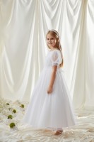 Biała, długa sukienka do Komunii z bufiastymi rękawkami .jpg