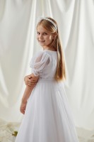 Biała, długa sukienka do Komunii z bufiastymi rękawkami .jpg
